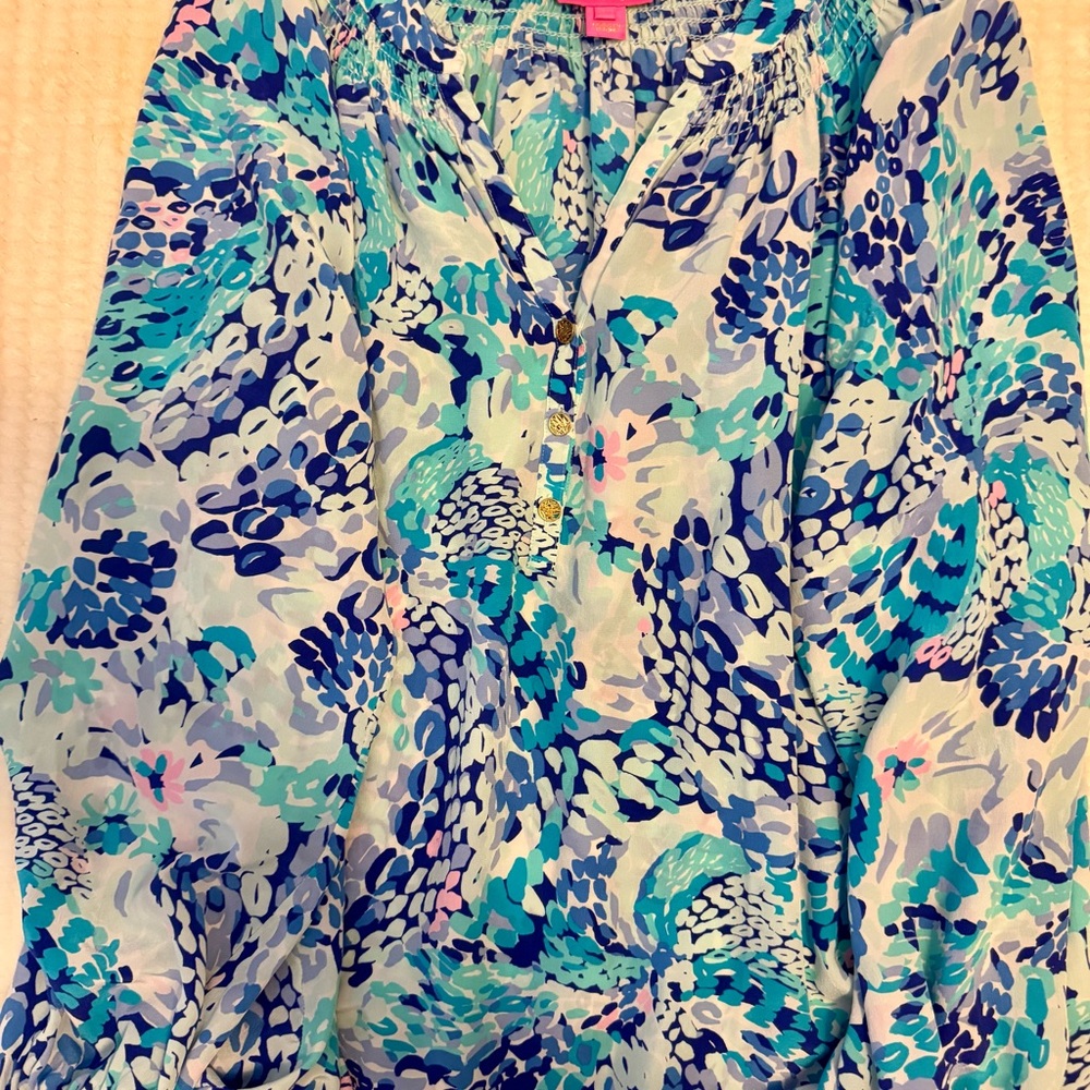 Lilly Pulitzer Blue Aqua Floral Print Blouse